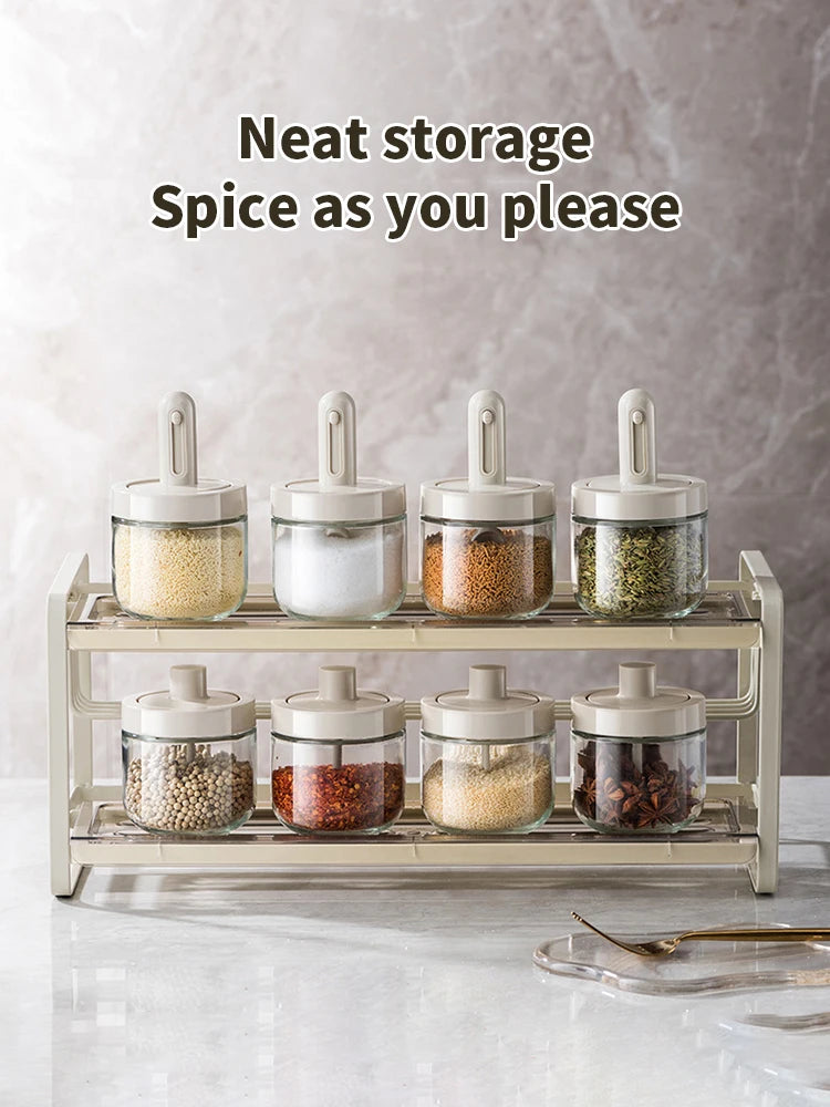 Glass Seasoning Jar with Telescopic Spoon: Moisture-Proof & Leak-Proof Kitchen Salt & Spice Storage Box with 2-in-1 Spoon Lid