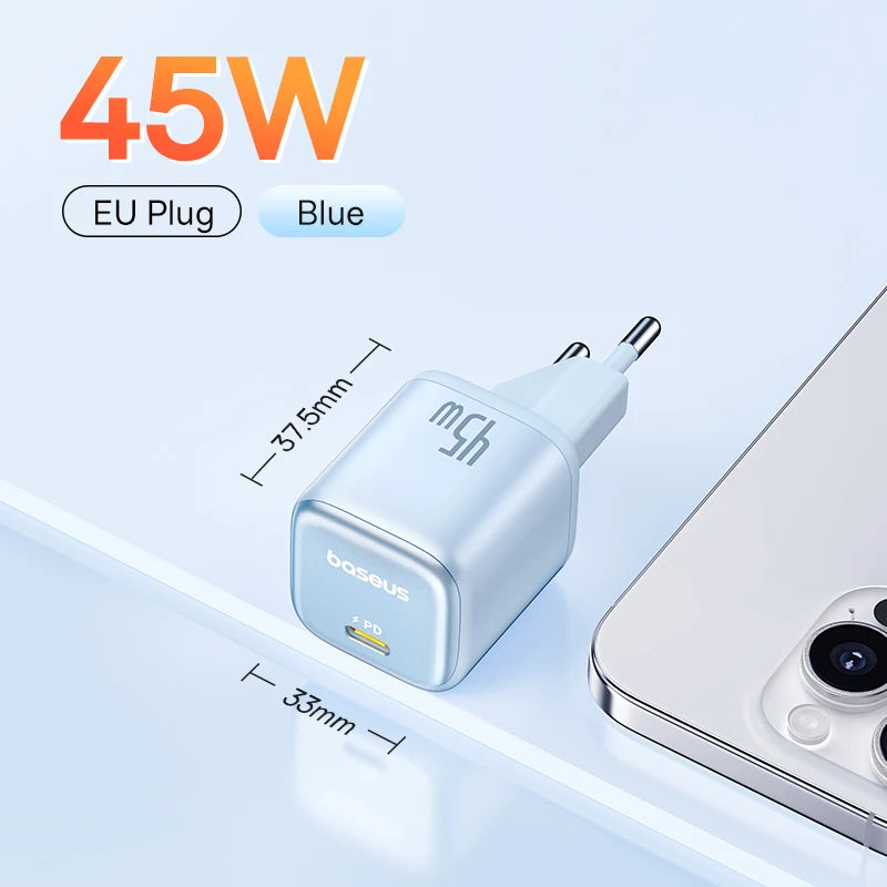Baseus 45W PD Charger For iPhone 17 16 15 Pro Max Samsung Galaxy Fast Charger GaN Charger USB C Charger Portable Phone Charger