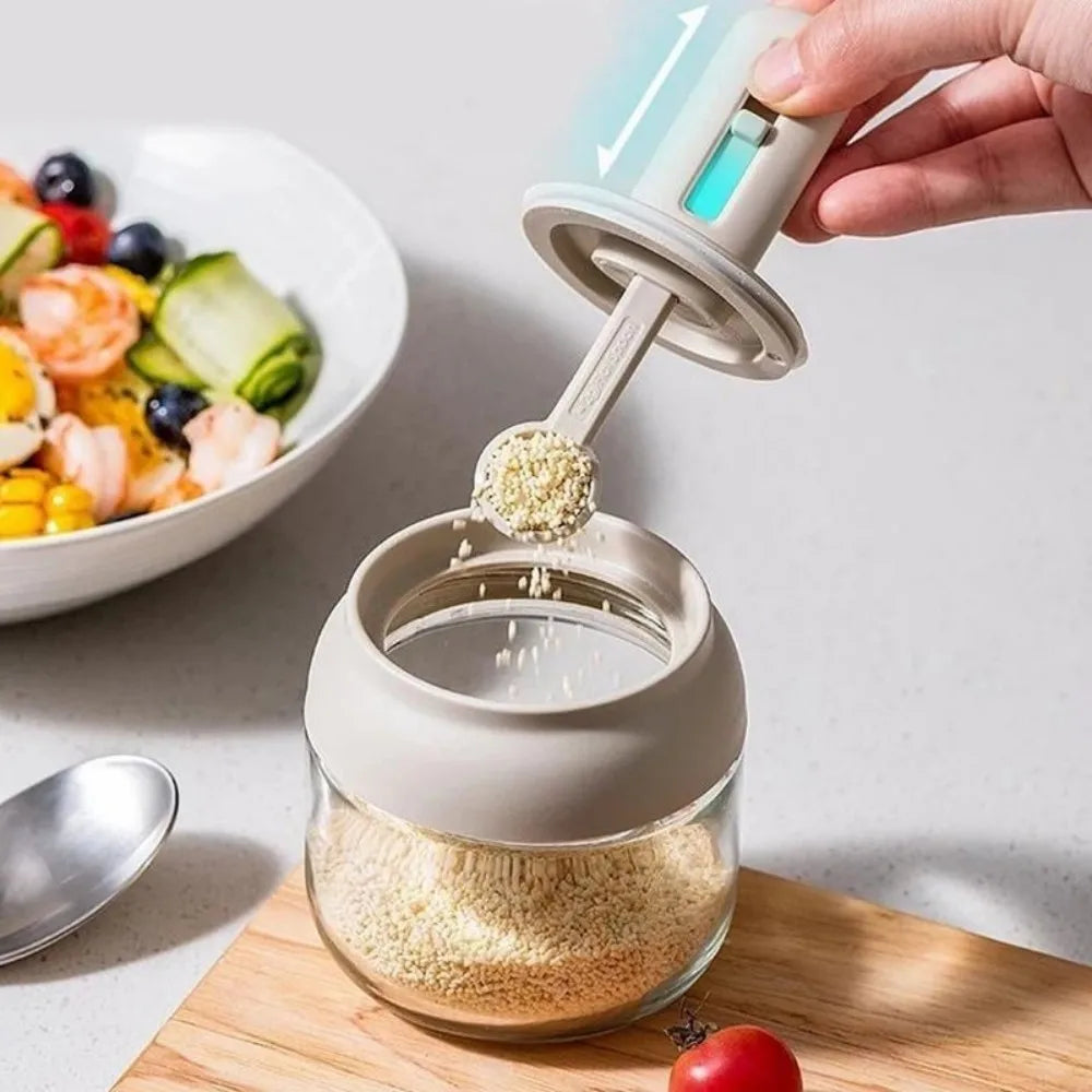 Glass Seasoning Jar with Telescopic Spoon: Moisture-Proof & Leak-Proof Kitchen Salt & Spice Storage Box with 2-in-1 Spoon Lid