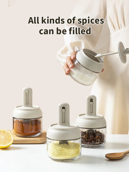 Glass Seasoning Jar with Telescopic Spoon: Moisture-Proof & Leak-Proof Kitchen Salt & Spice Storage Box with 2-in-1 Spoon Lid