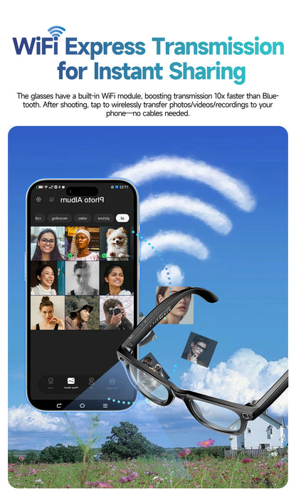 8 Million Pixels Smart Glasses Recording Videos AI Photo Recognition Answer Translation 270mAh IP65 Waterproof Bluetooth Glasses