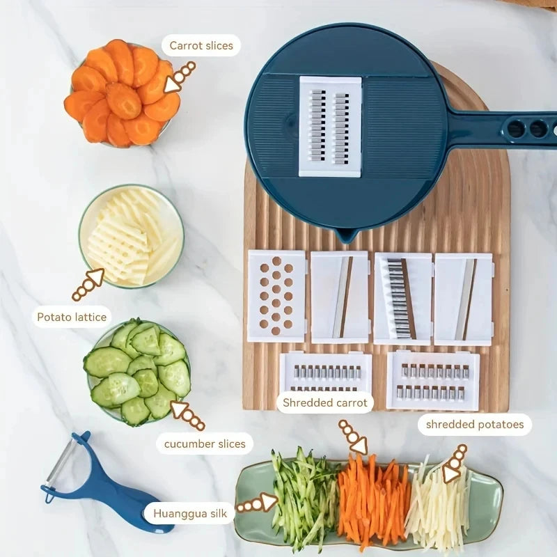 9-in-1 Multifunctional Vegetable Cutter with Drain Basket: Professional Mandoline Slicer, Grater & Shredder for Kitchen Meal Prep