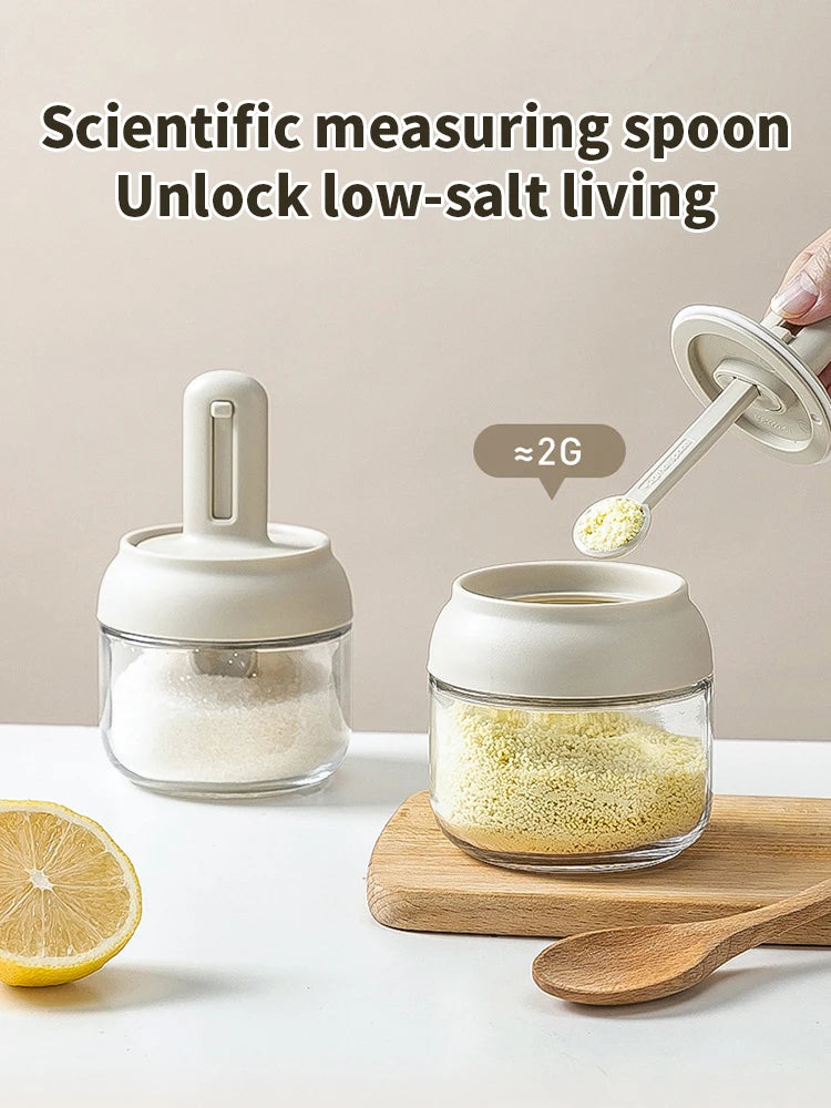 Glass Seasoning Jar with Telescopic Spoon: Moisture-Proof & Leak-Proof Kitchen Salt & Spice Storage Box with 2-in-1 Spoon Lid