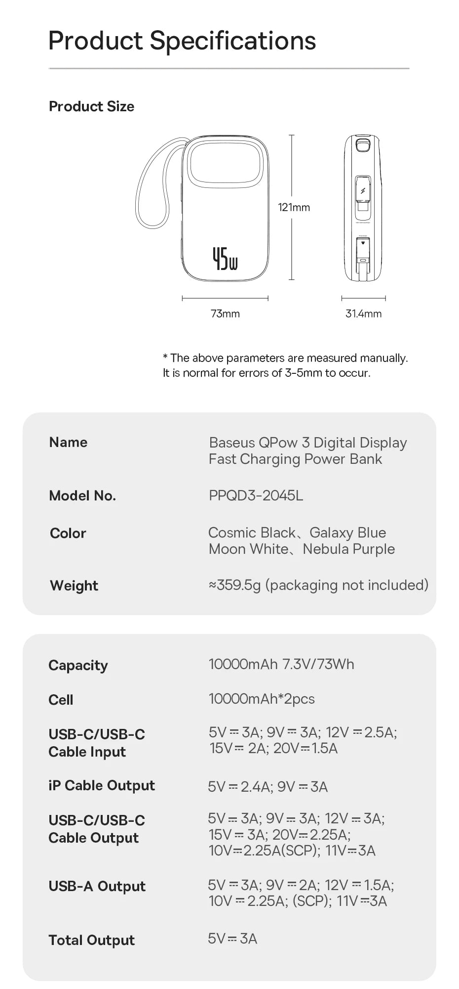 Baseus 45W 20000mAh Power Bank 10000mAh Built-In Retractable USB-C & Lightning Cable for iPhone 16 15 Samsung S25 Xiaomi Poco