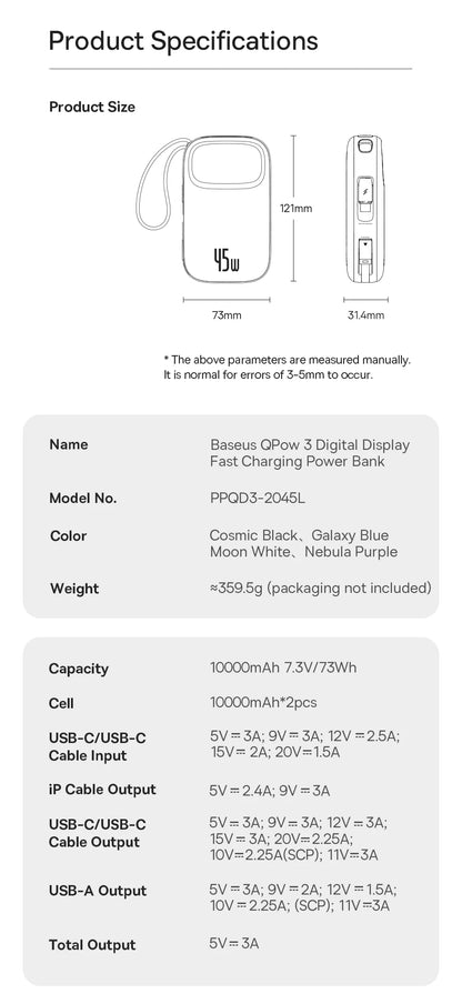 Baseus 45W 20000mAh Power Bank 10000mAh Built-In Retractable USB-C & Lightning Cable for iPhone 16 15 Samsung S25 Xiaomi Poco