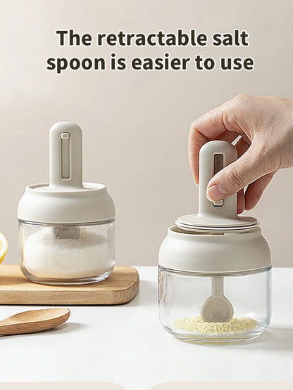 Glass Seasoning Jar with Telescopic Spoon: Moisture-Proof & Leak-Proof Kitchen Salt & Spice Storage Box with 2-in-1 Spoon Lid