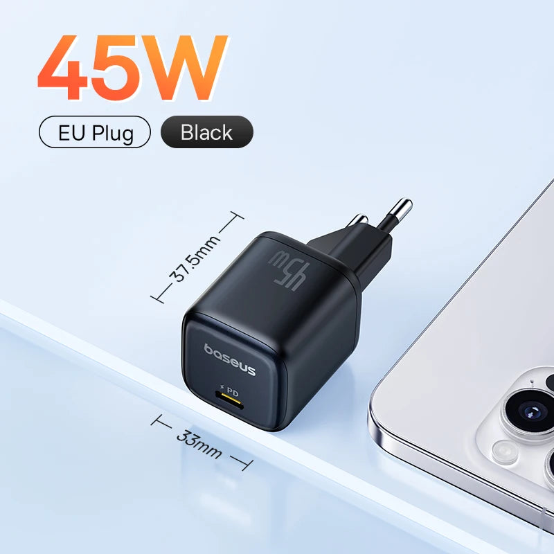 Baseus 45W PD Charger For iPhone 17 16 15 Pro Max Samsung Galaxy Fast Charger GaN Charger USB C Charger Portable Phone Charger