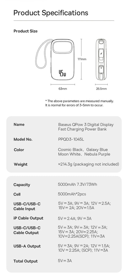 Baseus 45W 20000mAh Power Bank 10000mAh Built-In Retractable USB-C & Lightning Cable for iPhone 16 15 Samsung S25 Xiaomi Poco