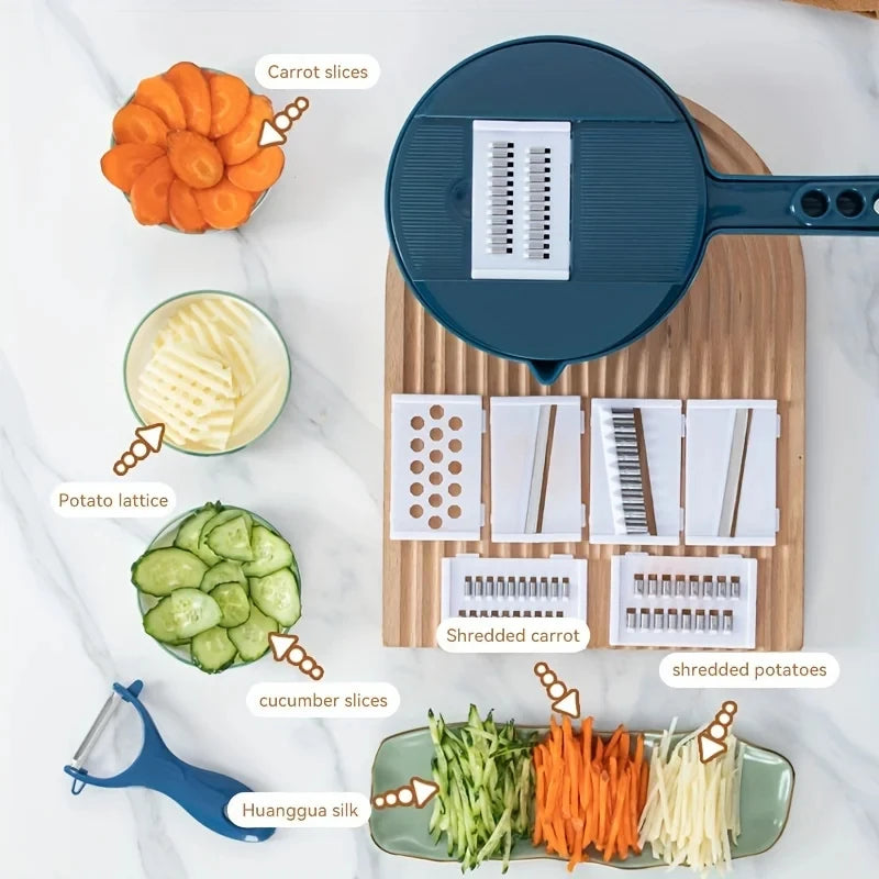 9-in-1 Multifunctional Vegetable Cutter with Drain Basket: Professional Mandoline Slicer, Grater & Shredder for Kitchen Meal Prep