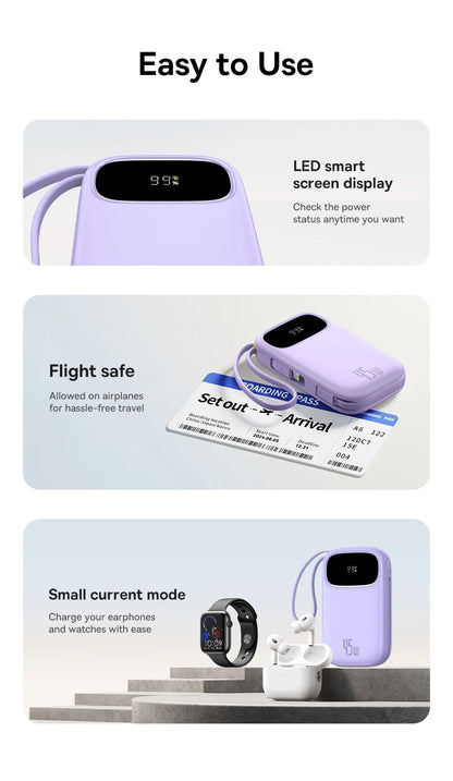 Baseus 45W 20000mAh Power Bank 10000mAh Built-In Retractable USB-C & Lightning Cable for iPhone 16 15 Samsung S25 Xiaomi Poco