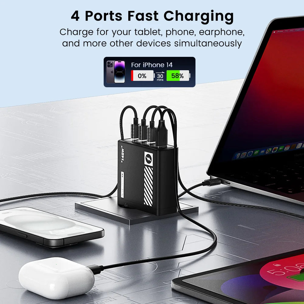 MOVESPEED 140W GaN USB Type C Charger 4 Ports PD3.1 Fast Charging Adapter QC 3.0 Wall Charger For iPhone Samsung Xiaomi