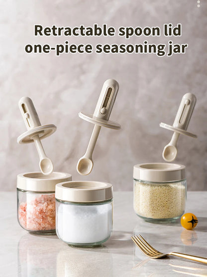 Glass Seasoning Jar with Telescopic Spoon: Moisture-Proof & Leak-Proof Kitchen Salt & Spice Storage Box with 2-in-1 Spoon Lid