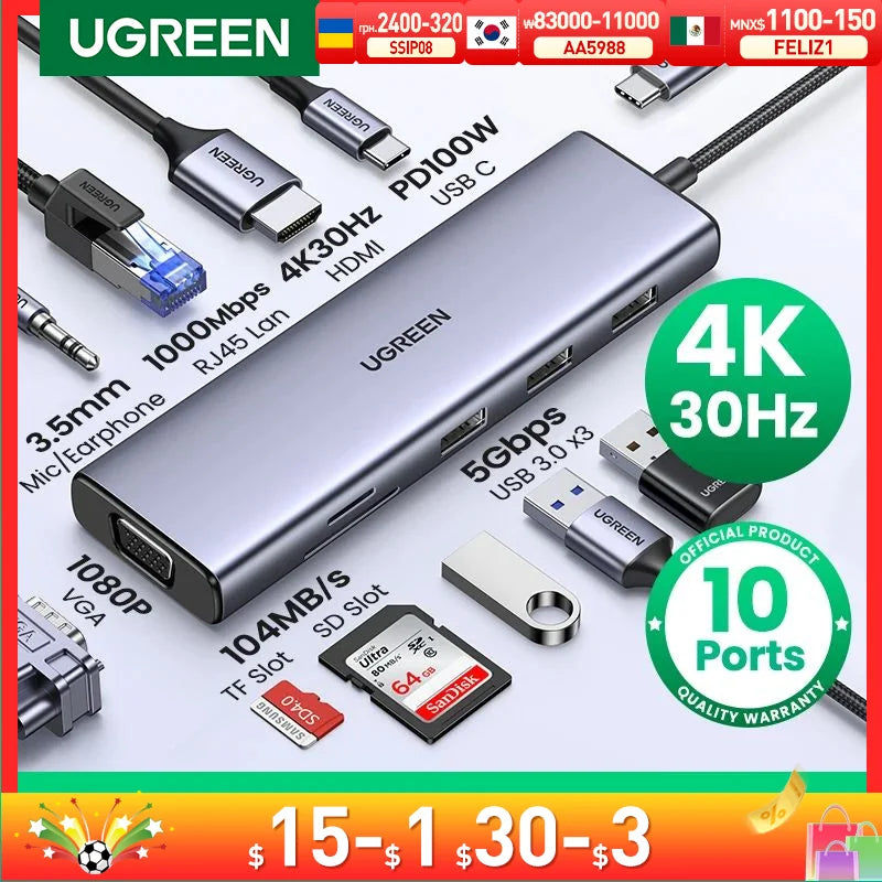 UGREEN USB HUB 4K HDMI Adapter USB C to RJ45 USB 3.0 PD 100W Dock for MacBook Pro Air M2 M1 USB-C Type C 3.1 Splitter USB C HUB