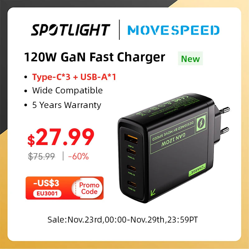 MOVESPEED 120W GaN USB Charger Type C 67W 30W PD Charging Adapter For iPhone Samsung Xiaomi Mobile Phone QC 3.0 Wall Charger