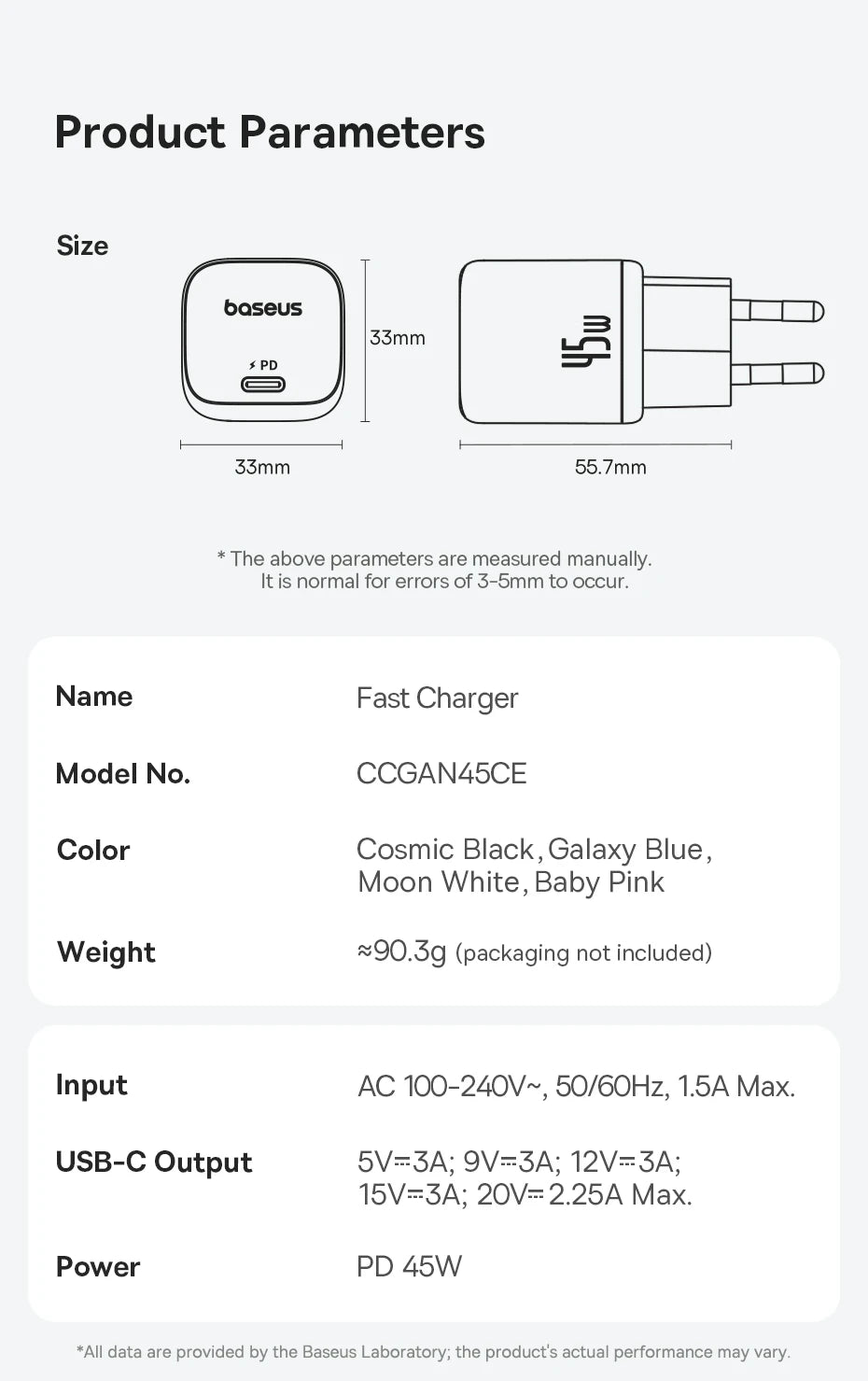 Baseus 45W PD Charger For iPhone 17 16 15 Pro Max Samsung Galaxy Fast Charger GaN Charger USB C Charger Portable Phone Charger