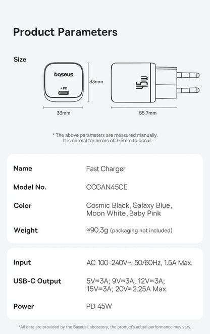 Baseus 45W PD Charger For iPhone 17 16 15 Pro Max Samsung Galaxy Fast Charger GaN Charger USB C Charger Portable Phone Charger