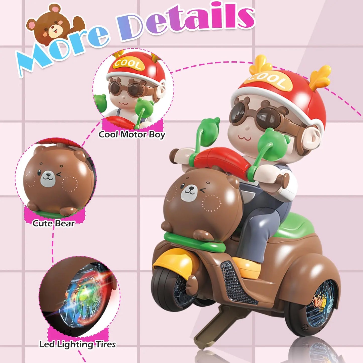 Kids Motorcycle Toy, Stunt Performance Motorbike 360° Rotating Music Flashing LED Tires Toy Car Electric Tricycle Toy Car