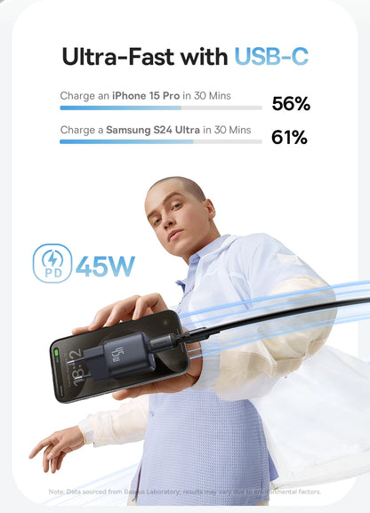 Baseus 45W PD Charger For iPhone 17 16 15 Pro Max Samsung Galaxy Fast Charger GaN Charger USB C Charger Portable Phone Charger