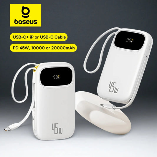 Baseus 45W 20000mAh Power Bank 10000mAh Built-In Retractable USB-C & Lightning Cable for iPhone 16 15 Samsung S25 Xiaomi Poco