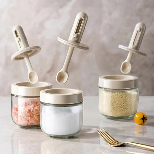 Glass Seasoning Jar with Telescopic Spoon: Moisture-Proof & Leak-Proof Kitchen Salt & Spice Storage Box with 2-in-1 Spoon Lid