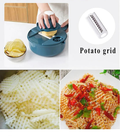 9-in-1 Multifunctional Vegetable Cutter with Drain Basket: Professional Mandoline Slicer, Grater & Shredder for Kitchen Meal Prep