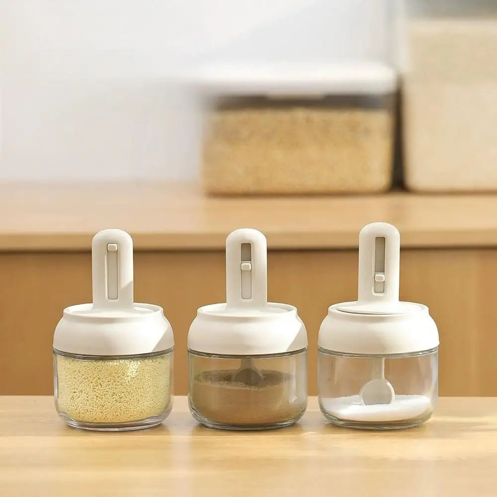 Glass Seasoning Jar with Telescopic Spoon: Moisture-Proof & Leak-Proof Kitchen Salt & Spice Storage Box with 2-in-1 Spoon Lid