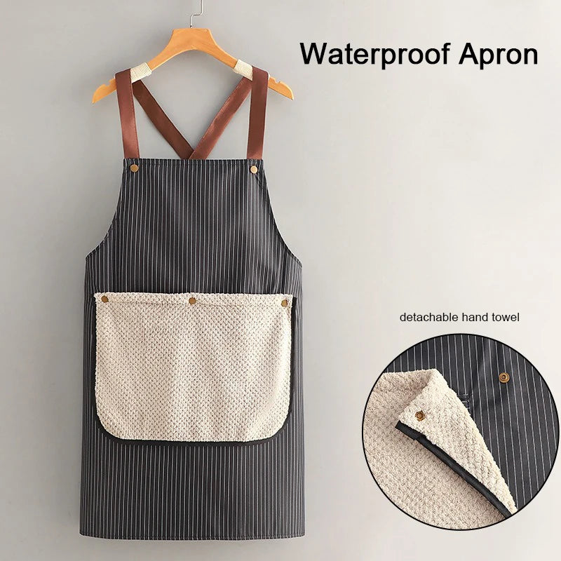 Waterproof Kitchen Apron Sleeveless Cross Back Restaurant Uniform with Removable Hand Towel Anti-fouling Cooking Baking Bibs