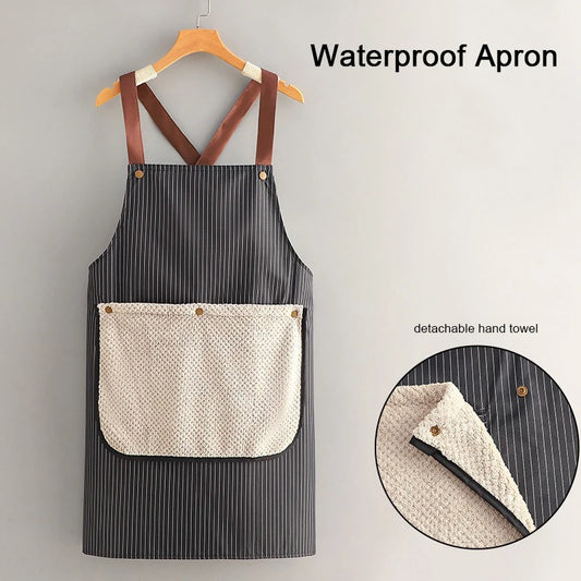Waterproof Kitchen Apron Sleeveless Cross Back Restaurant Uniform with Removable Hand Towel Anti-fouling Cooking Baking Bibs