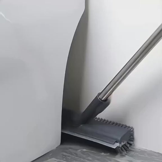 2-in-1 Floor Scrub Brush with Long Handle: 180° Rotating V-Shaped Grout Brush with Built-in Silicone Squeegee for Bathroom, Tile & Patio Cleaning